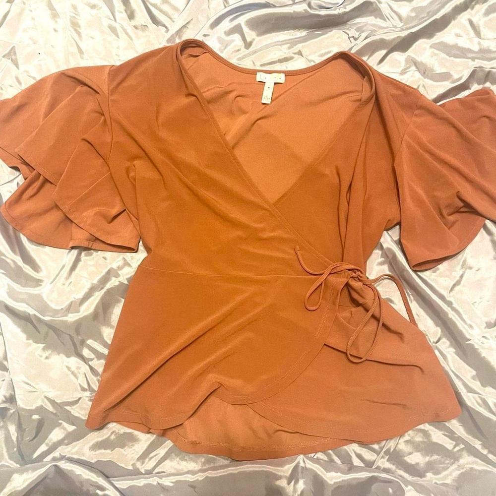 Leith Rust Wrap Blouse with Flutter Sleeves Size M
